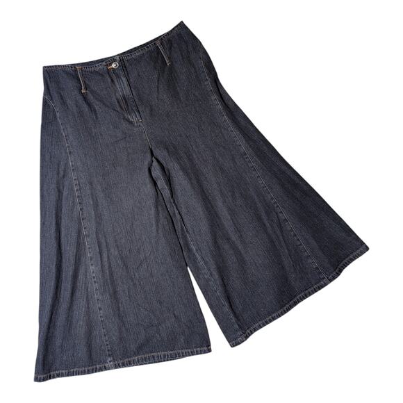 Vintage Denim - Vtg Y2K Faded Glory Black Ultra Wide Leg Mid Rise Cropped Denim Jeans Sz 12